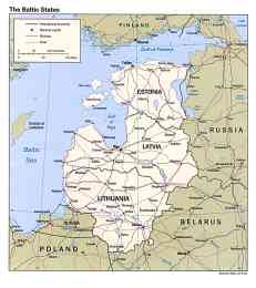 Map of the three Baltic states of Lithuania, Latvia, and Estonia.
