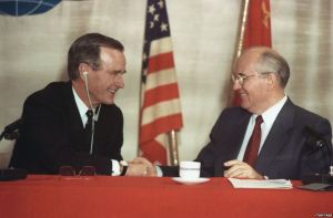 George H.W. Bush and Mikhail Gorbachev in Malta in December 1989 (ITAR-TASS).  The Bush administration informally promised Gorbachev that NATO would not expand "one inch" beyond East Germany.  The promise was never fulfilled.  To defuse the ongoing Ukraine crisis, a formal, written promise not to expand NATO by Washington to Moscow would do much to build mutual trust and confidence between both countries.