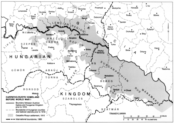 Map showing the full geographic extent of the Rusyn people in Central Europe. (carpathorusynsociety.org)