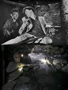 Two images of the Donbas.  The top shows Alexei Stakhanov with a fellow miner in 1935 (Library of Congress).  The bottom shows a Donbas miner in 2014 (Reuters / Maxim Zmeyev)
